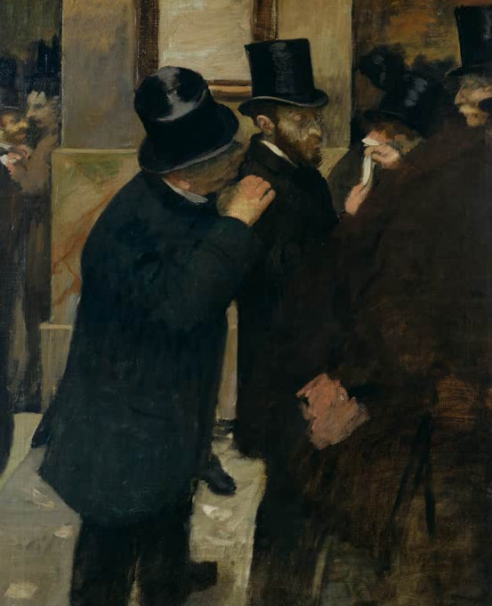 Kunstdruck des Gemäldes „Portraits a la Bourse“ von Edgar Degas, detailgetreu als Kunstdruck umgesetzt und in Deutschland von Hand gefertigt.