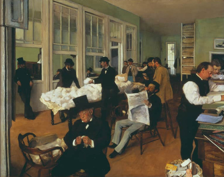 Kunstdruck des Gemäldes Portraits dans un bureau (Nouvelle Orléans) von Edgar Degas mit Porträts in einem Büro in New Orleans.