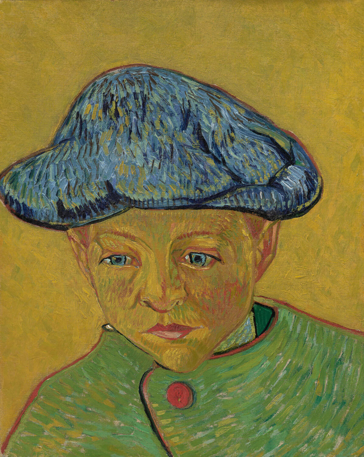 "Portrait von Camille Roulin" von Vincent van Gogh zeigt den Sohn des Postmeisters Roulin, Camille, in kräftigen Farben und ausdrucksstarkem Blick. Das Porträt vermittelt eine tiefe emotionale Verbindung und ist ein faszinierendes Beispiel für den Post-Impressionismus von van Gogh.