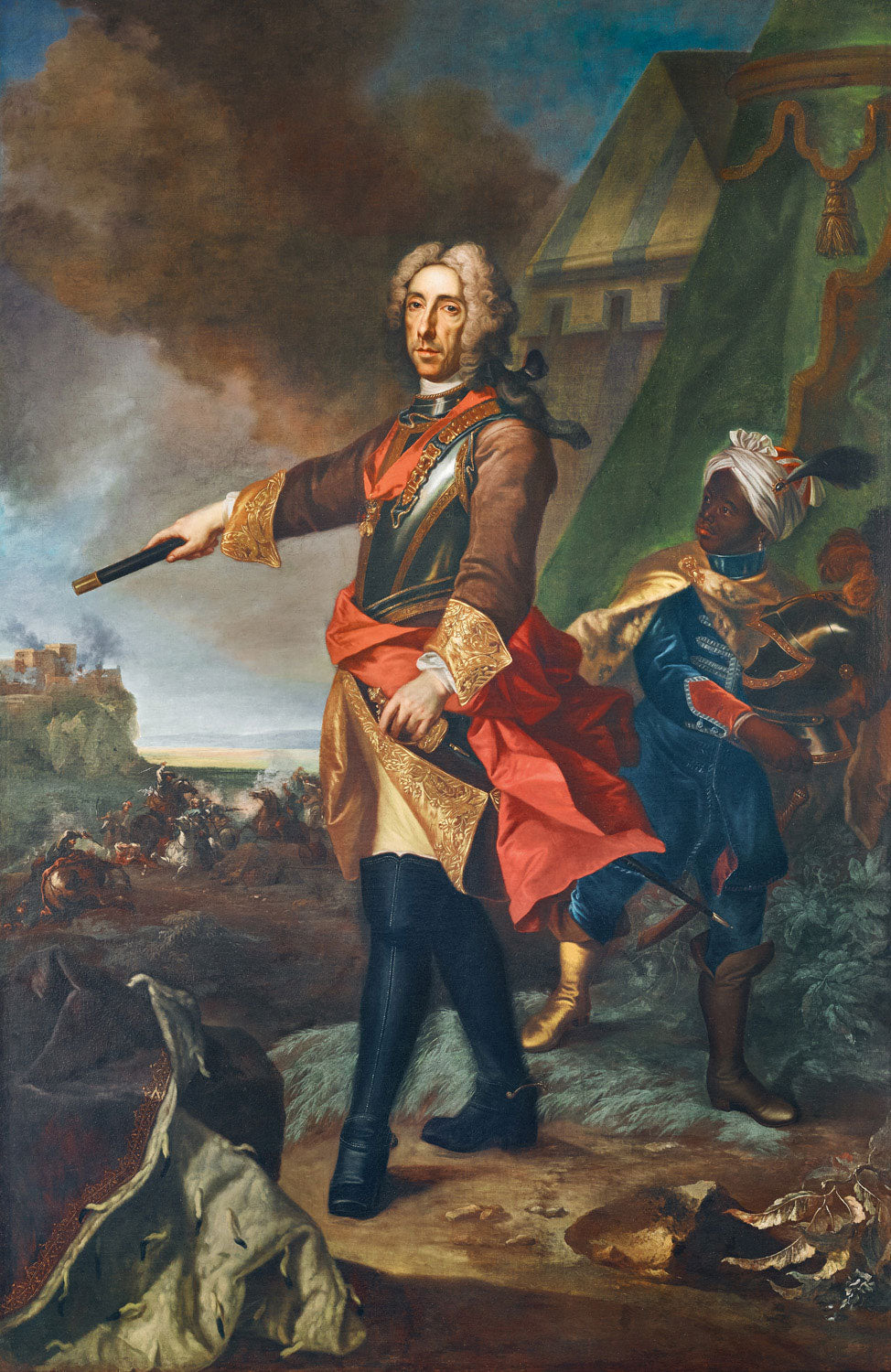 Prinz Eugen von Savoyen als Feldherr von Johann Gottfried Auerbach, barockes Porträt mit heroischer Darstellung des Militärführers.