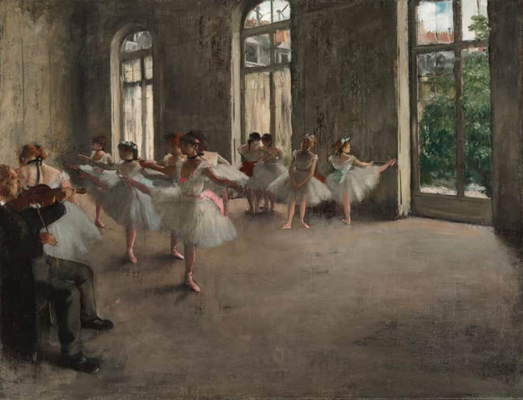 Kunstdruck des Gemäldes Probe von Edgar Degas mit Balletttänzerinnen während einer Tanzprobe.