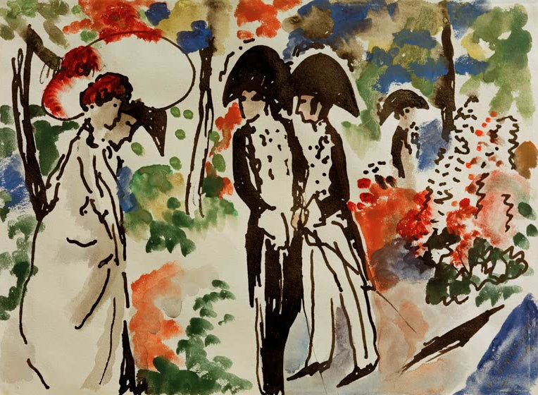 Kunstdruck des Gemäldes „Promenade“ von August Macke. Hochwertig in Deutschland von Hand gefertigt, erhältlich als Leinwand oder Poster und optional gerahmt.