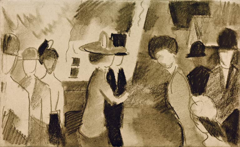 Kunstdruck des Gemäldes „Promenade II“ von August Macke. Hochwertig in Deutschland von Hand gefertigt, erhältlich als Poster oder Leinwand und optional gerahmt.