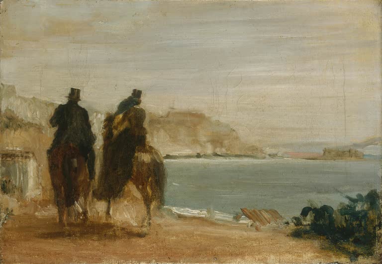 Kunstdruck des Gemäldes Promenade am Meer von Edgar Degas mit einer Szene von Personen bei einem Spaziergang an der Küste.