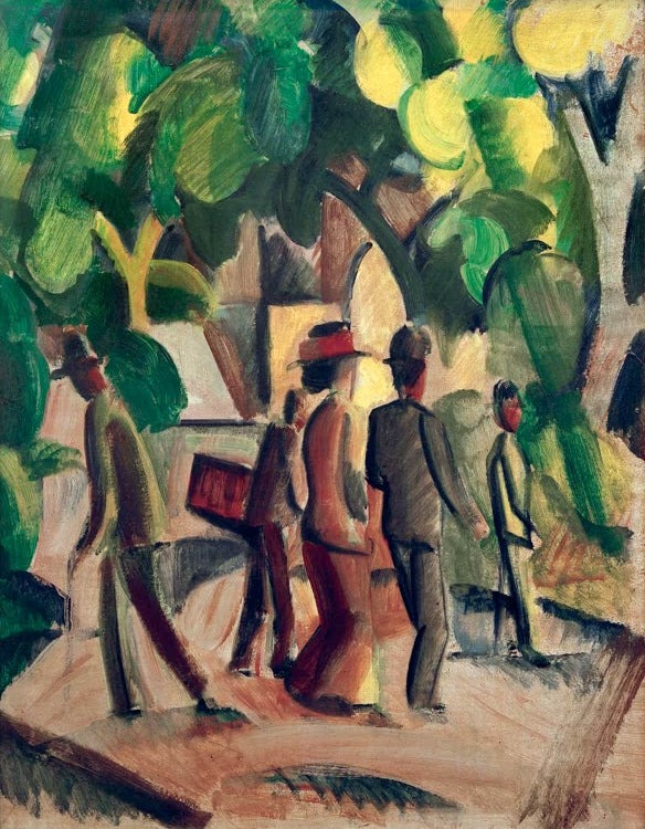 Kunstdruck des Gemäldes „Promenade in Braun und Grün“ von August Macke. Hochwertig in Deutschland von Hand gefertigt, erhältlich als Poster oder Leinwand und optional gerahmt.