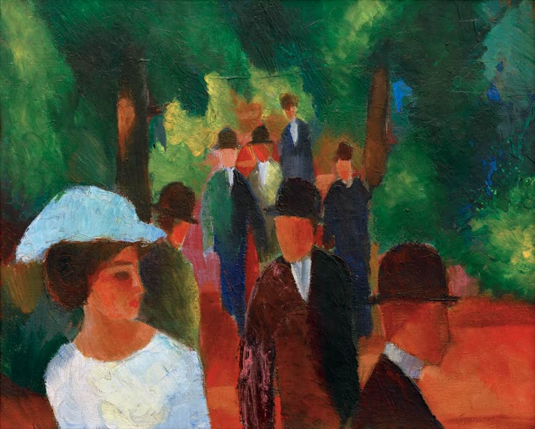 Kunstdruck des Gemäldes „Promenade (mit weißem Mädchen in Halbfigur)“ von August Macke. Hochwertig in Deutschland von Hand gefertigt, erhältlich als Poster oder Leinwand und optional gerahmt.