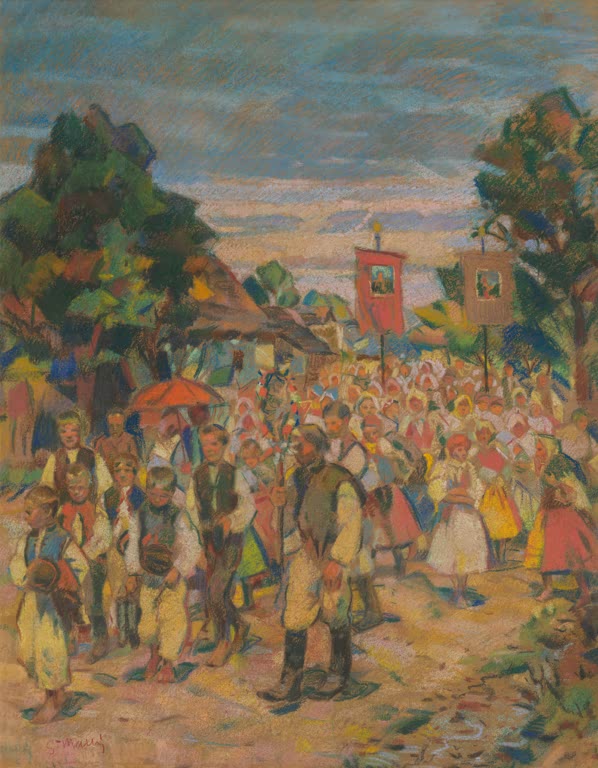 Kunstdruck Prozession von Gustav Mally mit einer feierlichen Figurengruppe in einer religiösen Prozessionsszene