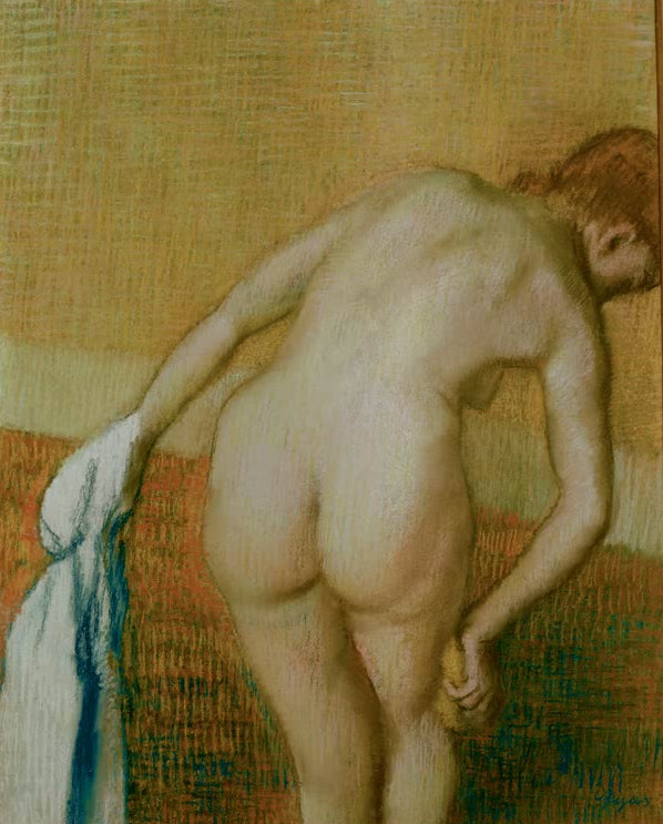 Kunstdruck von Rückenakt mit Handtuch und Schwamm (Frau, sich den rechten ...) von Edgar Degas mit einer intimen Badeszene in charakteristischer Darstellung.