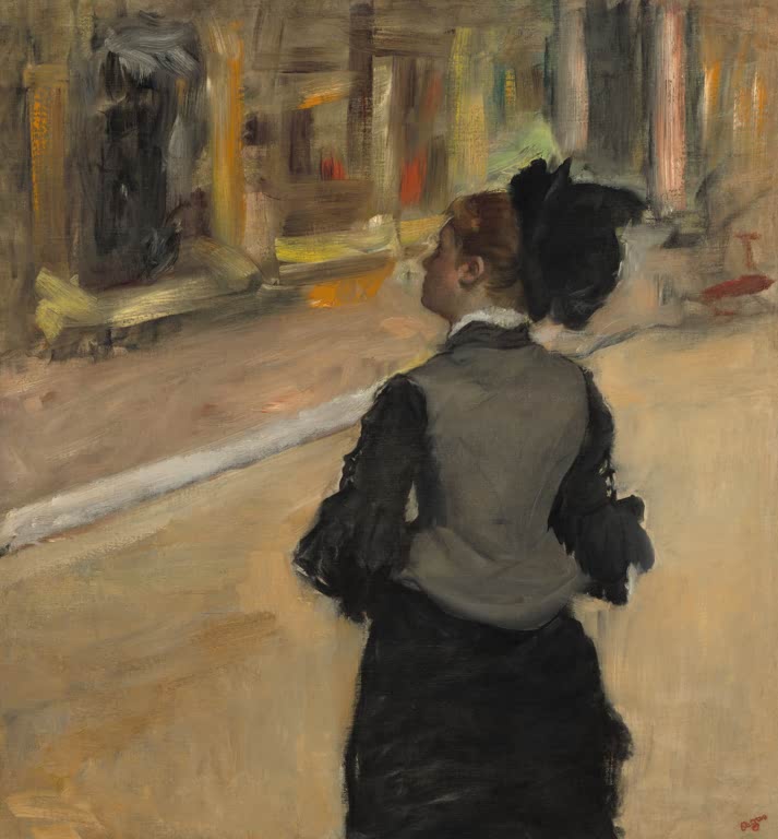 Kunstdruck von „Rückenansicht einer Frau (Besuch eines Museums)“ von Edgar Degas, handgefertigt in Deutschland als Leinwand oder Poster erhältlich