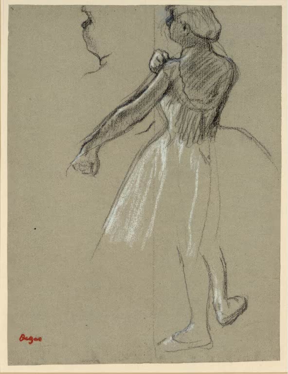 Kunstdruck des Gemäldes Rückenansicht einer Tänzerin von Edgar Degas mit einer Balletttänzerin, die von hinten dargestellt ist.