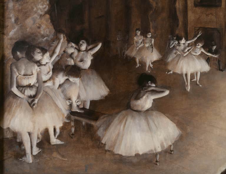Kunstdruck des Gemäldes „Répétition d'un ballet sur la scène“ von Edgar Degas mit Balletttänzerinnen auf der Bühne während einer Probe. Hochwertig in Deutschland per Hand gefertigt.