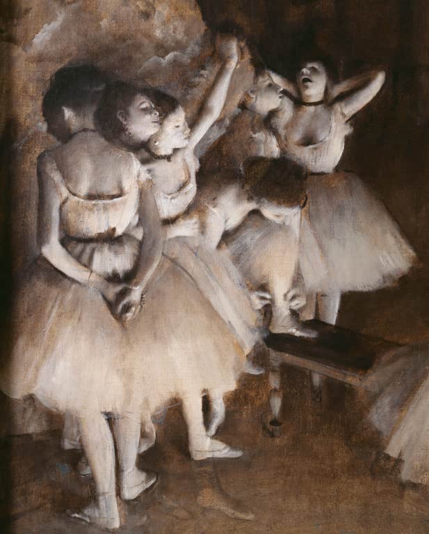 Kunstdruck des Gemäldes „Répétition d'un ballet sur la scène“ von Edgar Degas mit Balletttänzerinnen bei einer Bühnenprobe. Erhältlich als Poster oder Leinwand, auf Wunsch gerahmt.