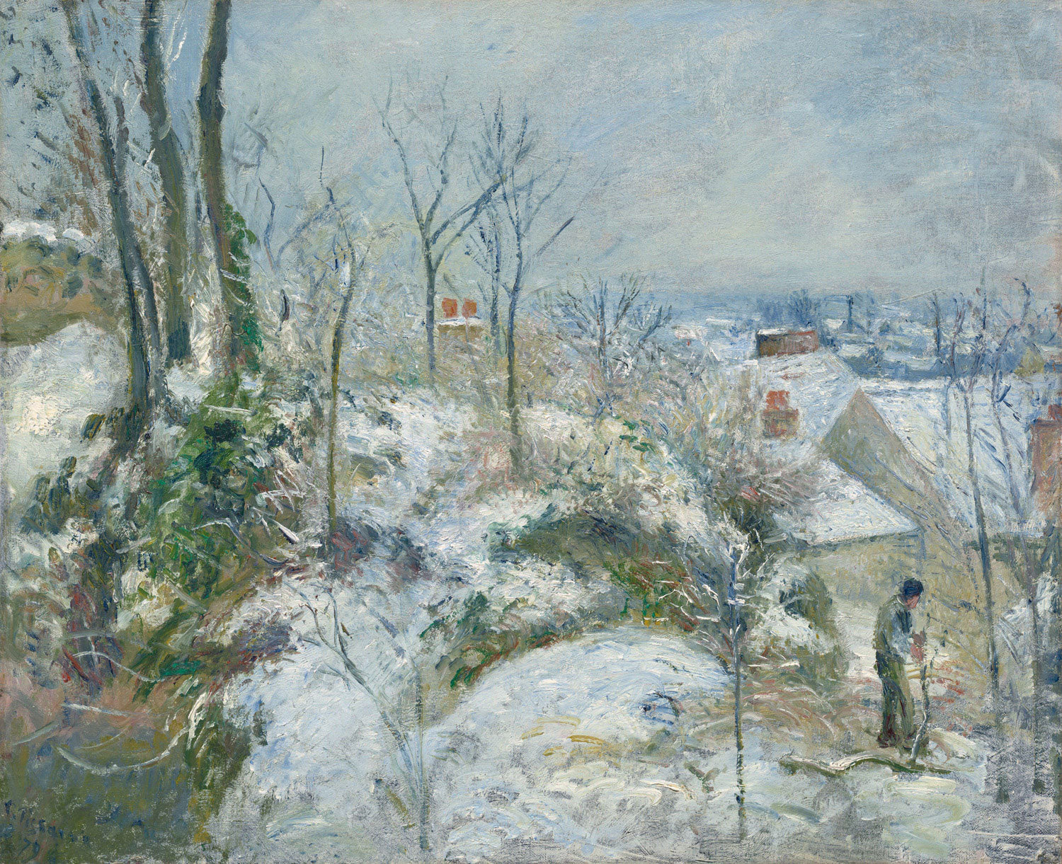 Gemälde "Kaninchengehege in Pontoise, Schnee" von Camille Pissarro: Winterliche Landschaft mit Schnee bedeckten Feldern, Bäumen und einem ländlichen Gehege in impressionistischer Malweise.