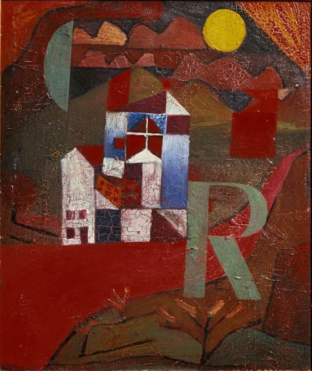 Geometrische Häuserstruktur mit klaren Formen und warmen Farben – Gemälde "Villa R" von Paul Klee, 1919