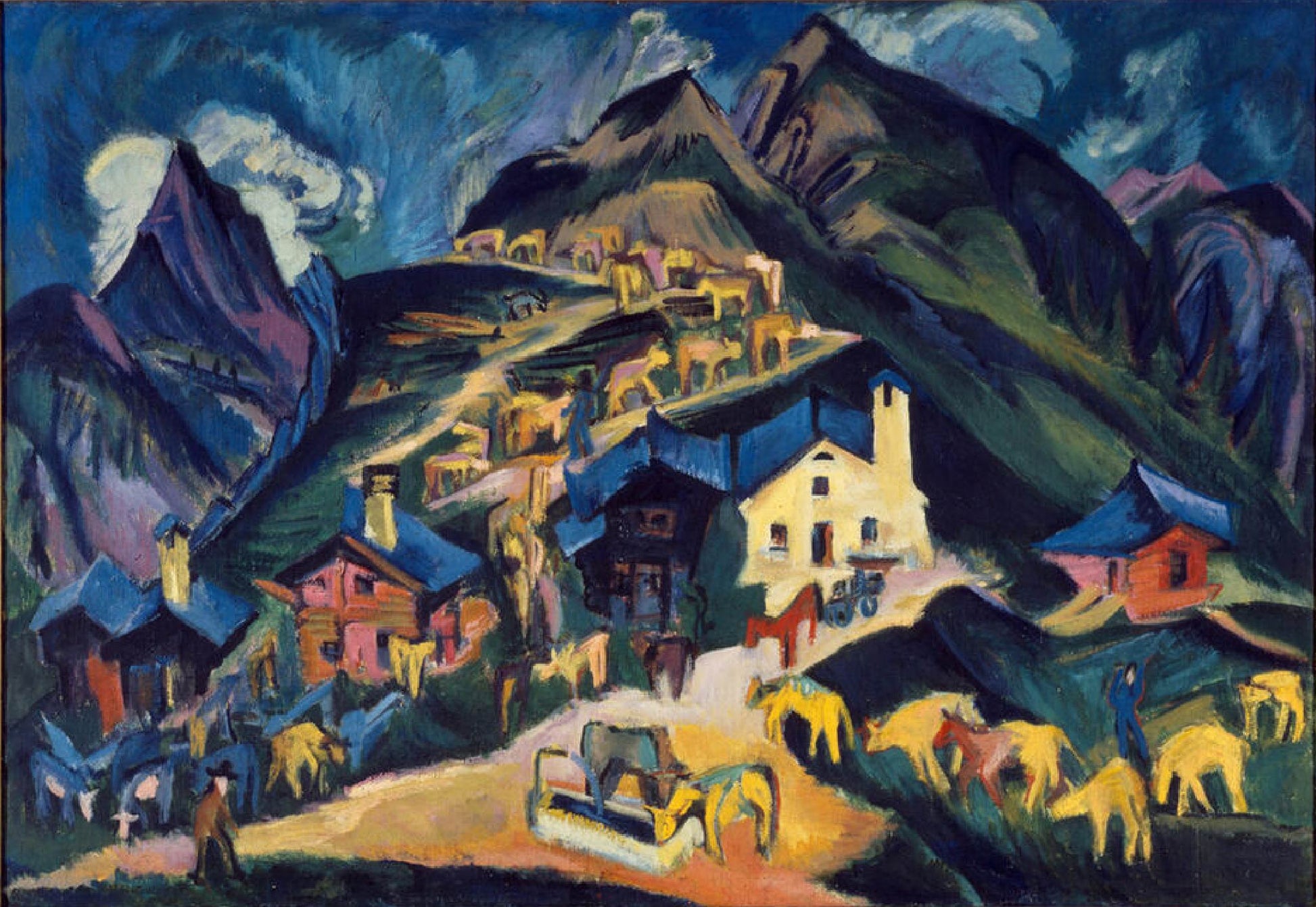 Expressionistische Szene mit Hirten und Tieren beim Auftrieb auf die Alm – Gemälde "Alpauftrieb" von Ernst Ludwig Kirchner