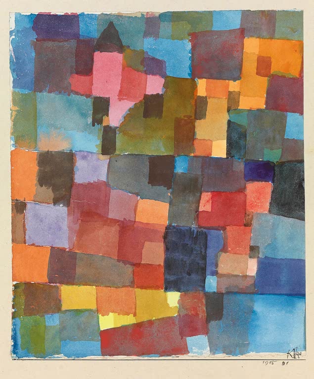 Kunstdruck „Raumarchitekturen (Über Kalt-Warm)“ von Paul Klee mit abstrakten Raumstrukturen und kontrastreichen Farbflächen

