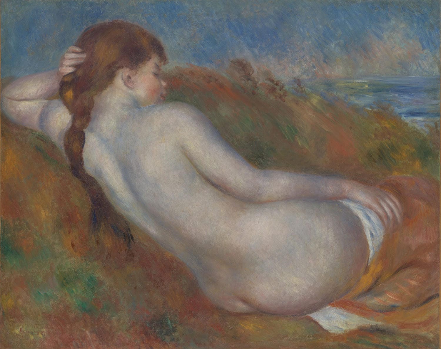 Das Gemälde „Liegender Akt“ von Pierre-Auguste Renoir zeigt eine weibliche Figur in einer entspannten, liegenden Pose. Durch weiche Pinselstriche und warme Farbtöne wird die Sinnlichkeit und natürliche Schönheit der Frau betont, während die subtile Darstellung von Licht und Schatten dem Bild Tiefe verleiht.