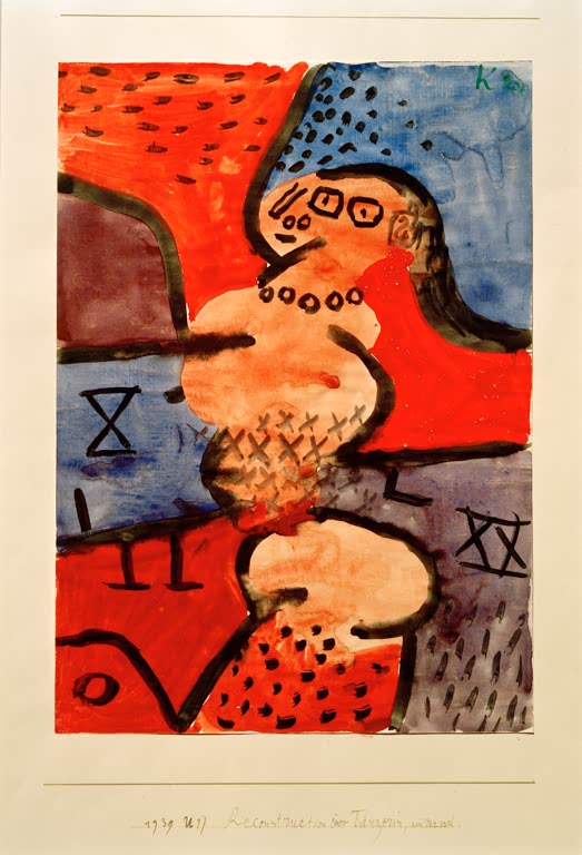 Kunstdruck des Gemäldes Reconstruction einer Tänzerin, ein Versuch von Paul Klee, handgefertigt in Deutschland als hochwertiger Kunstdruck.
