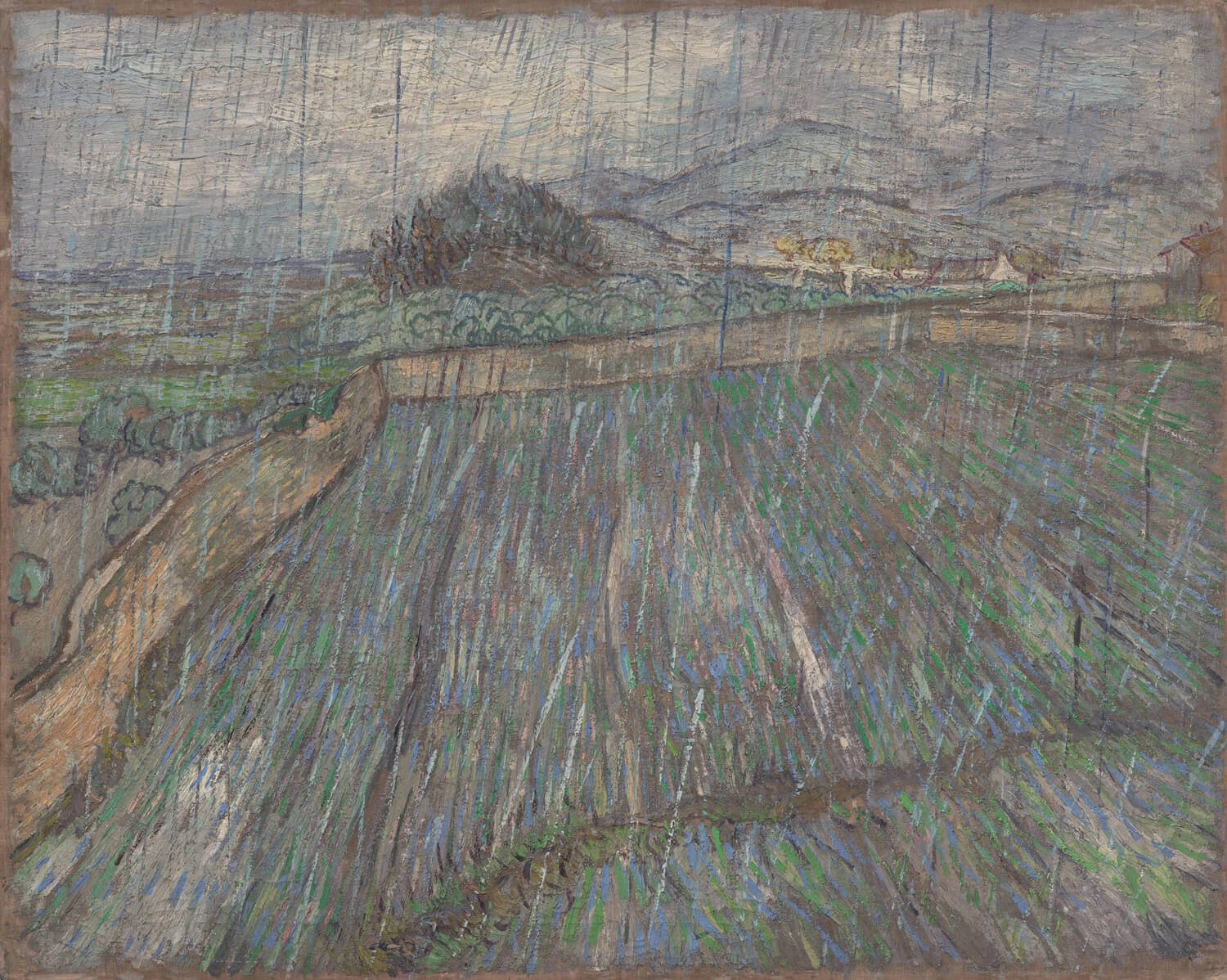 „Regen“ von Vincent van Gogh zeigt eine stürmische Szenerie mit dynamischen Pinselstrichen, die den Regen und die Atmosphäre lebendig werden lassen. Die dramatische Farbpalette und die Bewegung des Regens schaffen eine eindrucksvolle, lebendige Darstellung der Natur.