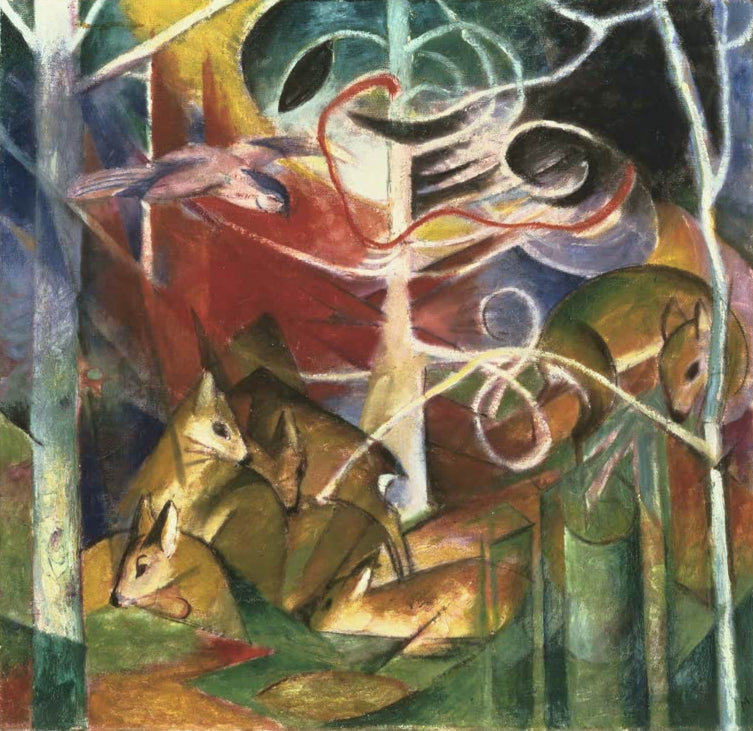 Kunstdruck des Gemäldes „Rehe im Wald I“ von Franz Marc. Hochwertig in Deutschland von Hand gefertigt, erhältlich als Poster oder Leinwand und optional gerahmt.