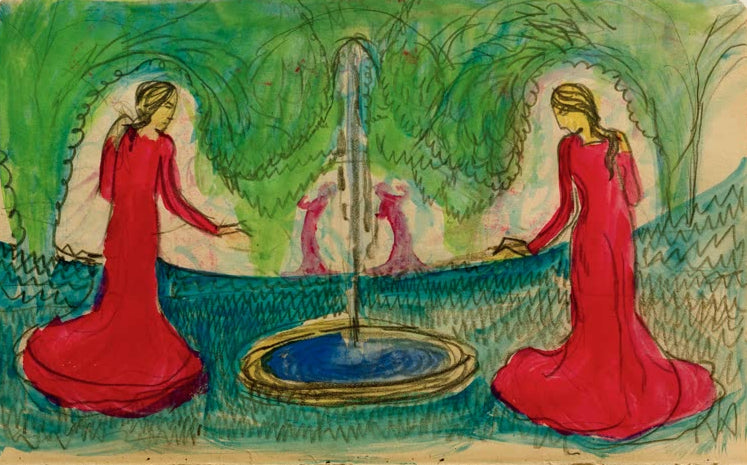 Kunstdruck des Gemäldes „Reigen am Brunnen“ von August Macke. Hochwertig in Deutschland von Hand gefertigt, erhältlich als Poster oder Leinwand und optional gerahmt.