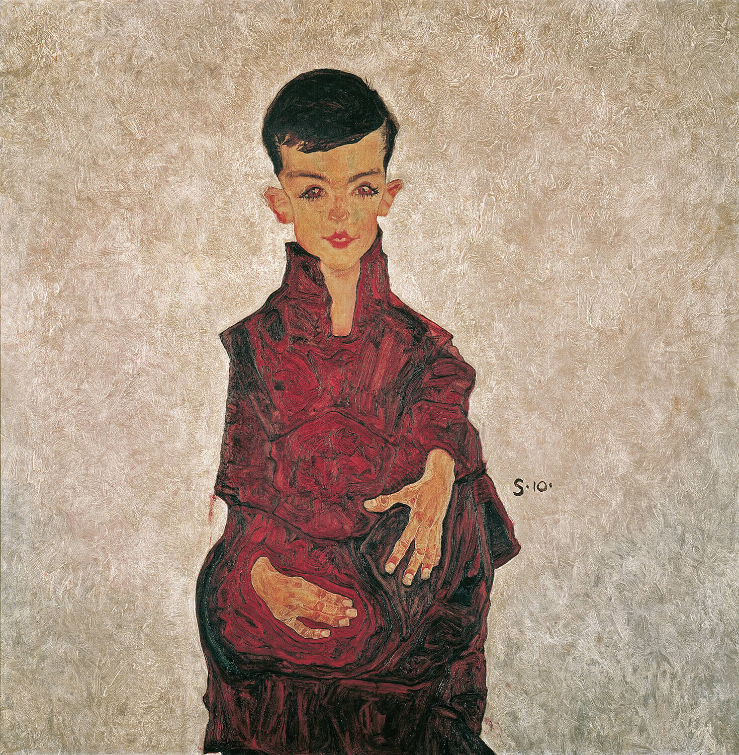 Das Gemälde „Reinerbub (Bildnis Herbert Reiner)“ von Egon Schiele zeigt einen Jungen in ruhiger Haltung, mit intensivem Blick und ausdrucksstarken Gesichtszügen. Die charakteristische Linienführung und der minimalistische Hintergrund betonen die emotionale Tiefe des Porträts.