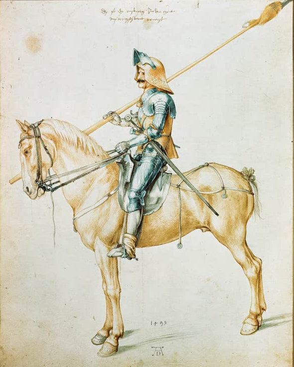 Kunstdruck des Gemäldes „Reiter“ von Albrecht Dürer in hochwertiger Druckqualität. Erhältlich als Poster oder auf Leinwand, optional auch gerahmt.

