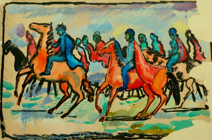 Kunstdruck des Gemäldes „Reiter“ von August Macke. Hochwertig in Deutschland von Hand gefertigt, erhältlich als Poster oder Leinwand und optional gerahmt.
