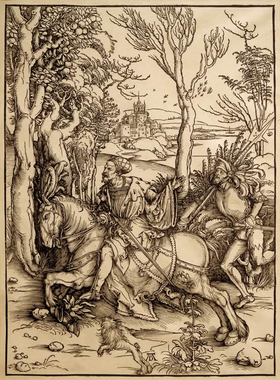 Kunstdruck des Gemäldes „Reiter mit Landsknecht“ von Albrecht Dürer. Hochwertiger Fine-Art-Druck, in Deutschland per Hand gefertigt, erhältlich auf Leinwand oder als Poster.