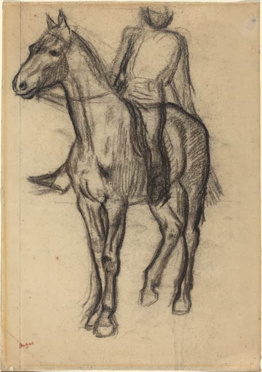 Kunstdruck des Gemäldes Reiter mit Pferd von Edgar Degas mit einem Reiter und seinem Pferd in einer Reitszene.