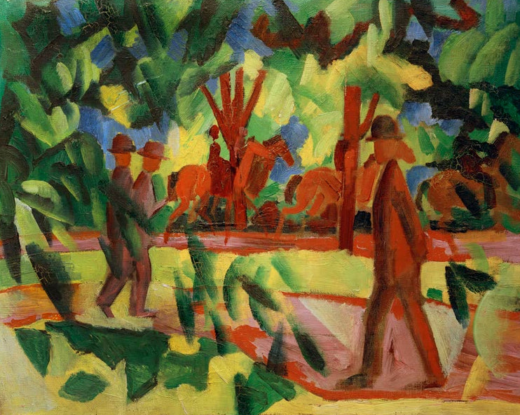 Kunstdruck des Gemäldes „Reiter und Spaziergänger in der Allee“ von August Macke. Hochwertig in Deutschland von Hand gefertigt, erhältlich als Leinwand oder Poster und optional gerahmt.