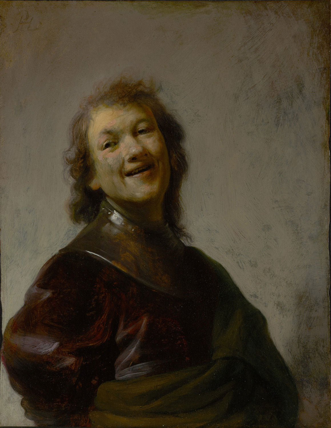 Das Gemälde "Rembrandt lachend" zeigt den niederländischen Meister Rembrandt in einem seltenen Moment der Heiterkeit, mit einem warmen Lächeln auf den Lippen. Die meisterhafte Verwendung von Licht und Schatten hebt die Texturen seiner Gesichtszüge und Ausdruckskraft hervor.