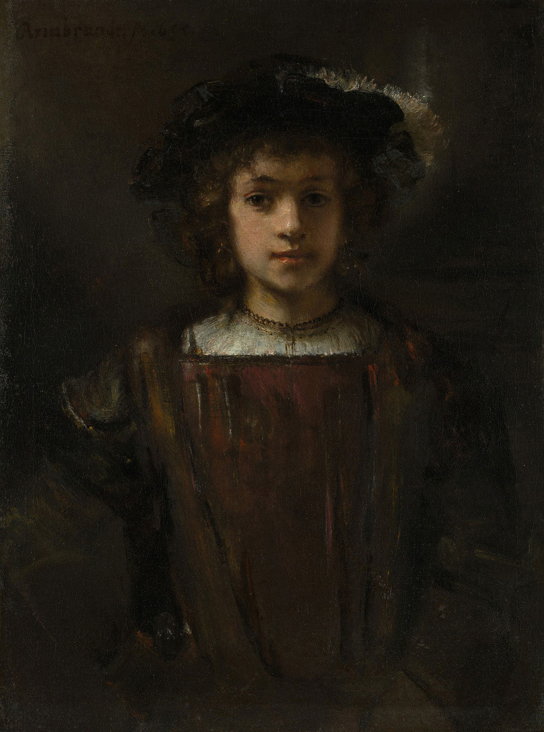 Porträt von Rembrandts Sohn Titus, gemalt von Rembrandt van Rijn, zeigt Titus in einer ruhigen Pose mit warmen Brauntönen und sanftem Licht-Schatten-Spiel, das die intime Vater-Sohn-Beziehung betont.