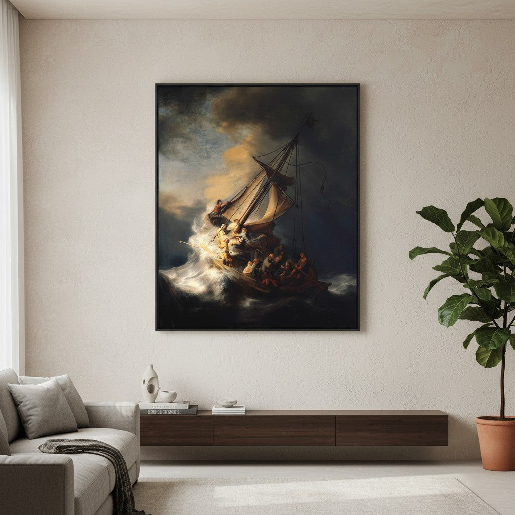 Rembrandt van Rijns Christus im Sturm auf dem See Genezareth als Kunstdruck in einem Schattenfugenrahmen an einer Wand hängend 