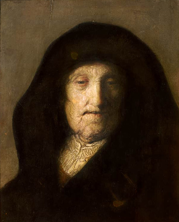 Kunstdruck von Rembrandts Gemälde „Rembrandts Mutter“ mit dem eindrucksvollen Porträt einer älteren Frau.