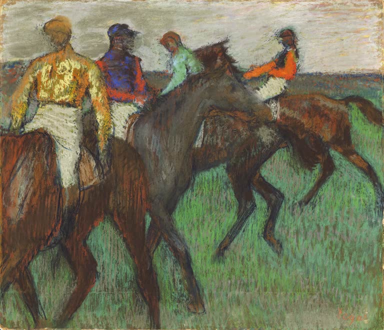 Kunstdruck des Gemäldes Rennpferde von Edgar Degas mit Pferden in einer Szene aus dem Pferderennsport.