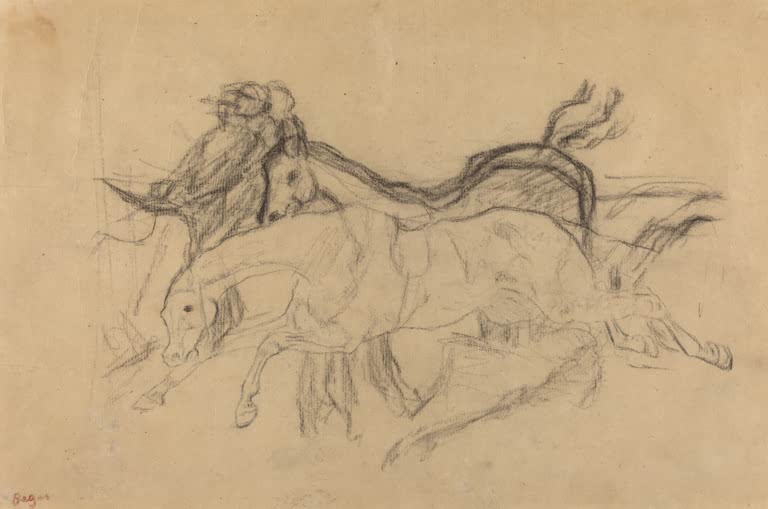 Kunstdruck des Gemäldes „Rennpferde (Studie zu ‚Szene vom Steeplechase: Der gestürzte Jockey‘)“ von Edgar Degas, detailgetreu reproduziert und in Deutschland von Hand gefertigt.