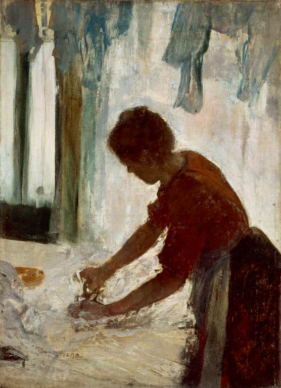 Kunstdruck des Gemäldes Repasseuse von Edgar Degas mit einer Wäscherin beim Bügeln von Kleidung.