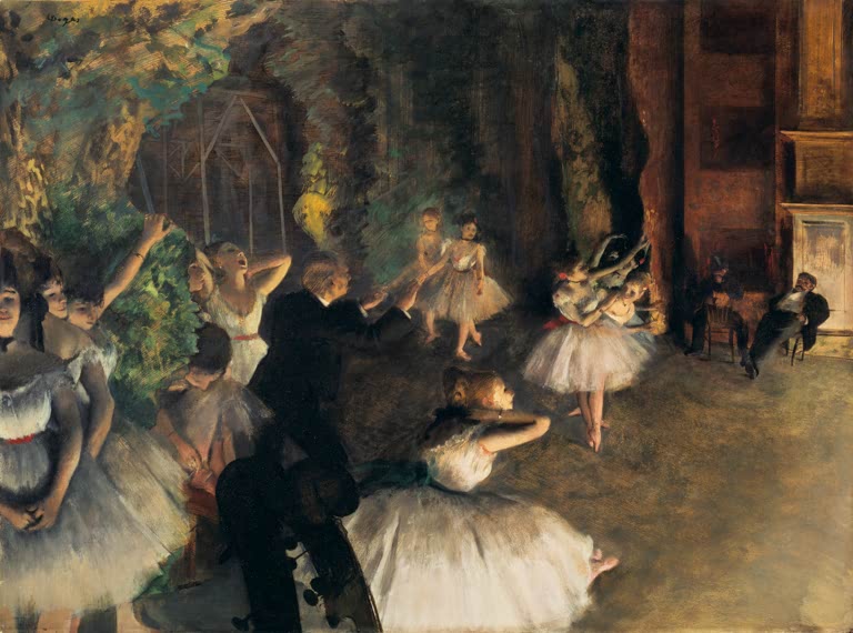Kunstdruck des Gemäldes Repetition d'un ballet sur scene von Edgar Degas mit Balletttänzerinnen während einer Probe auf der Bühne.