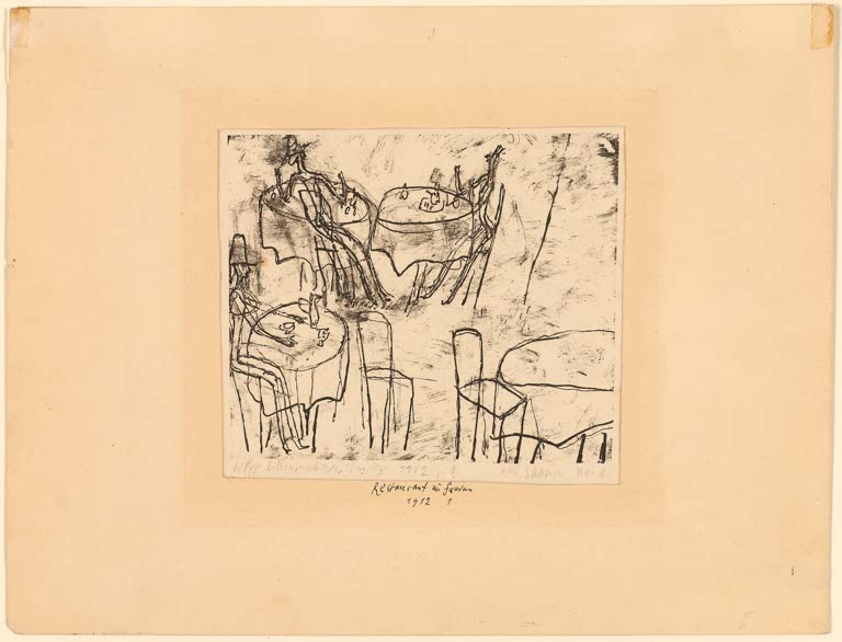 Kunstdruck des Gemäldes Restaurant im Freien von Paul Klee, handgefertigt in Deutschland als hochwertiger Kunstdruck.