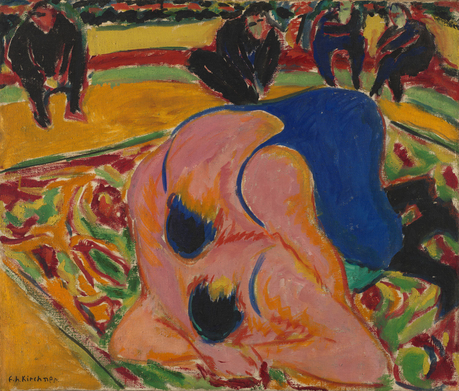 Expressionistisches Gemälde 'Ringer im Zirkus' von Ernst Ludwig Kirchner, das zwei Ringer in intensiver Bewegung und dramatischer Farbgebung darstellt.