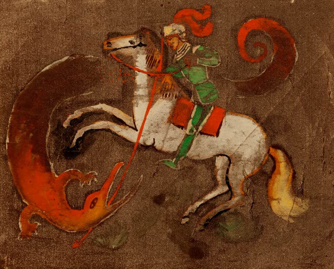 Kunstdruck des Gemäldes „Ritter Georg und Drache“ von August Macke. Hochwertig in Deutschland von Hand gefertigt, erhältlich als Poster oder Leinwand und optional gerahmt.