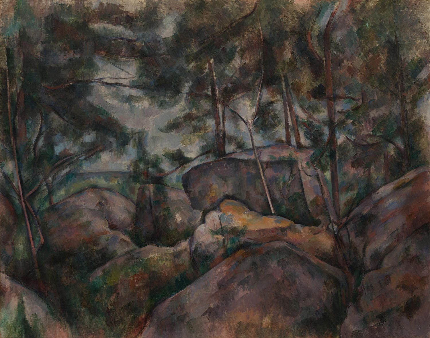 „Felsen bei Fontainebleau“ von Paul Cézanne zeigt die raue Schönheit der Felsenlandschaft im Fontainebleau-Wald. Mit kräftigen Farben und markanten Pinselstrichen betont Cézanne die Texturen der Felsen und bringt die Natur in geometrische Formen, was das Gemälde zu einem Meisterwerk der modernen Landschaftsmalerei macht.