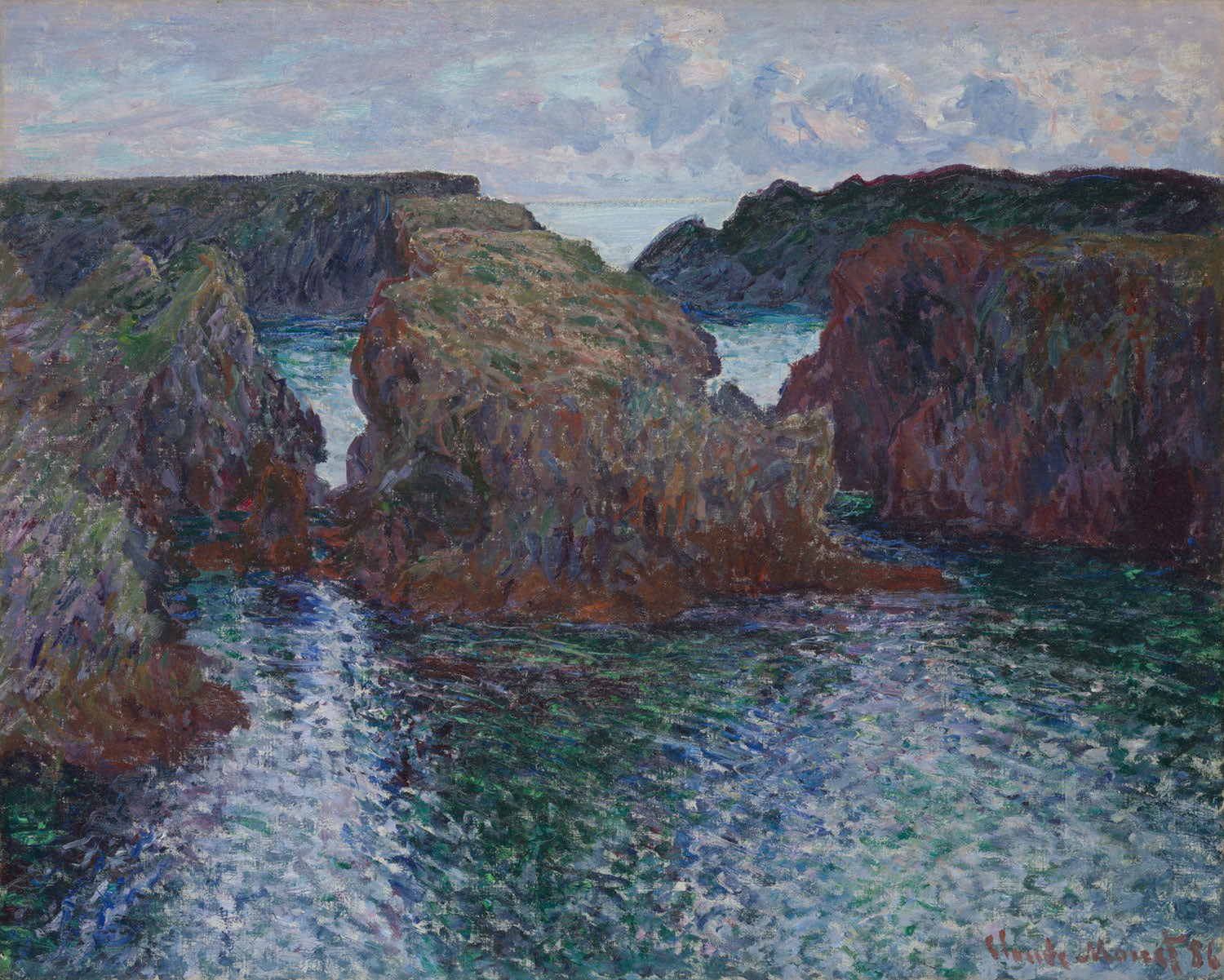Claude Monets Gemälde 'Rocks at Port-Goulphar, Belle-Île', das raue Felsen und tosende Wellen an der bretonischen Küste zeigt, mit kraftvollen Blautönen und natürlicher Lichtstimmung.