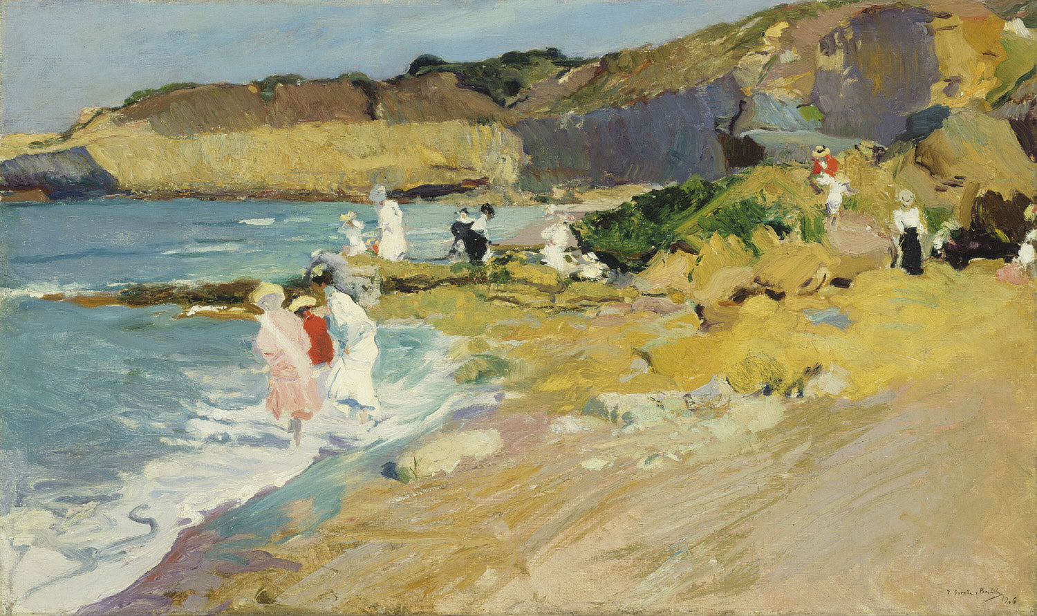 „Felsen am Leuchtturm von Biarritz“ von Joaquín Sorolla zeigt die beeindruckende Küstenlandschaft von Biarritz mit dramatisch schroffen Felsen und dem Leuchtturm im Hintergrund. Das Gemälde fängt meisterhaft die Bewegung des Meeres und die Wirkung des Lichts auf das Wasser ein.