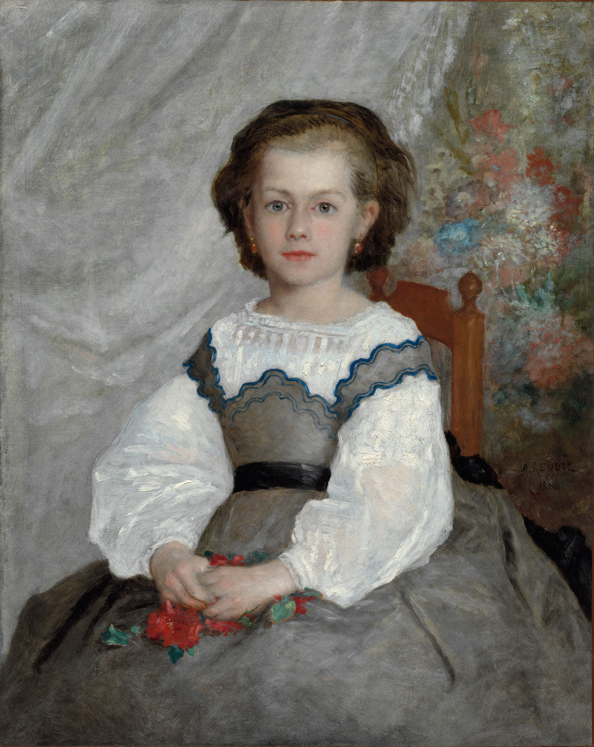 Das Gemälde „Romaine Lacaux“ von Pierre-Auguste Renoir zeigt ein Porträt einer jungen Frau in einem weißen Kleid, die leicht zur Seite blickt. Der weiche Pinselstrich und das subtile Spiel mit Licht und Farbe verleihen dem Werk eine weiche, beinahe romantische Atmosphäre. Das Bild fängt die elegante Schönheit der dargestellten Person sowie den impressionistischen Stil des Künstlers ein.