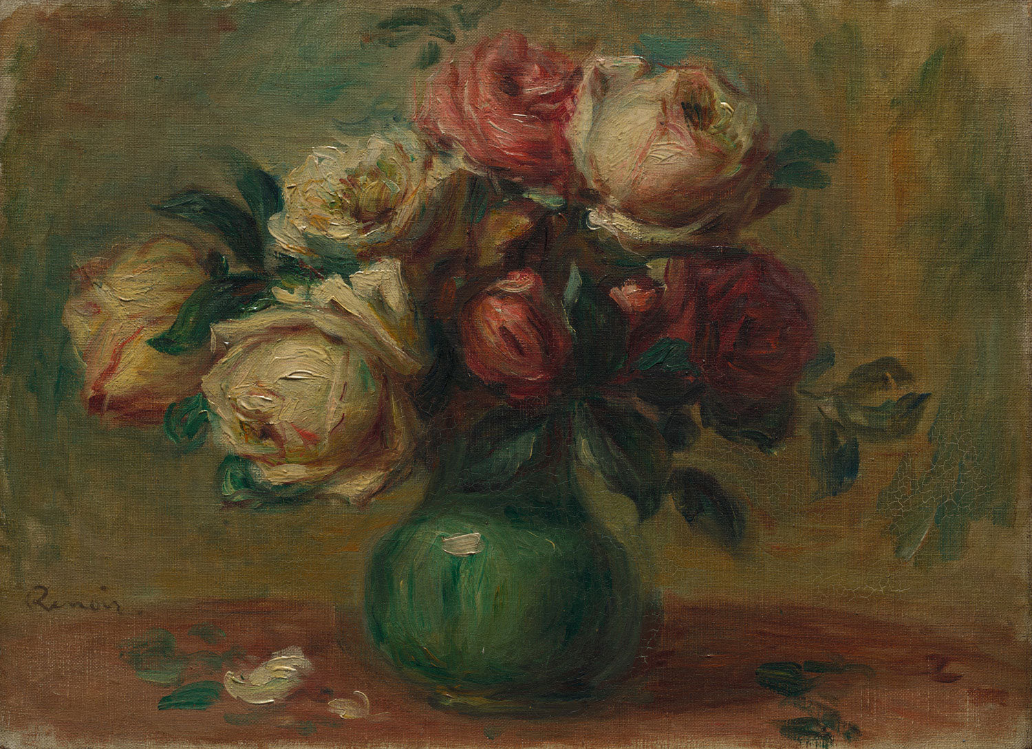 Das Gemälde 'Rosen in einer Vase' von Pierre-Auguste Renoir zeigt einen üppigen Strauß von Rosen in sanften Rottönen, Weiß und Gelb. Die Blumen sind lebendig dargestellt und reflektieren Renoirs Fähigkeit, Licht und Texturen in Stillleben zu fangen.