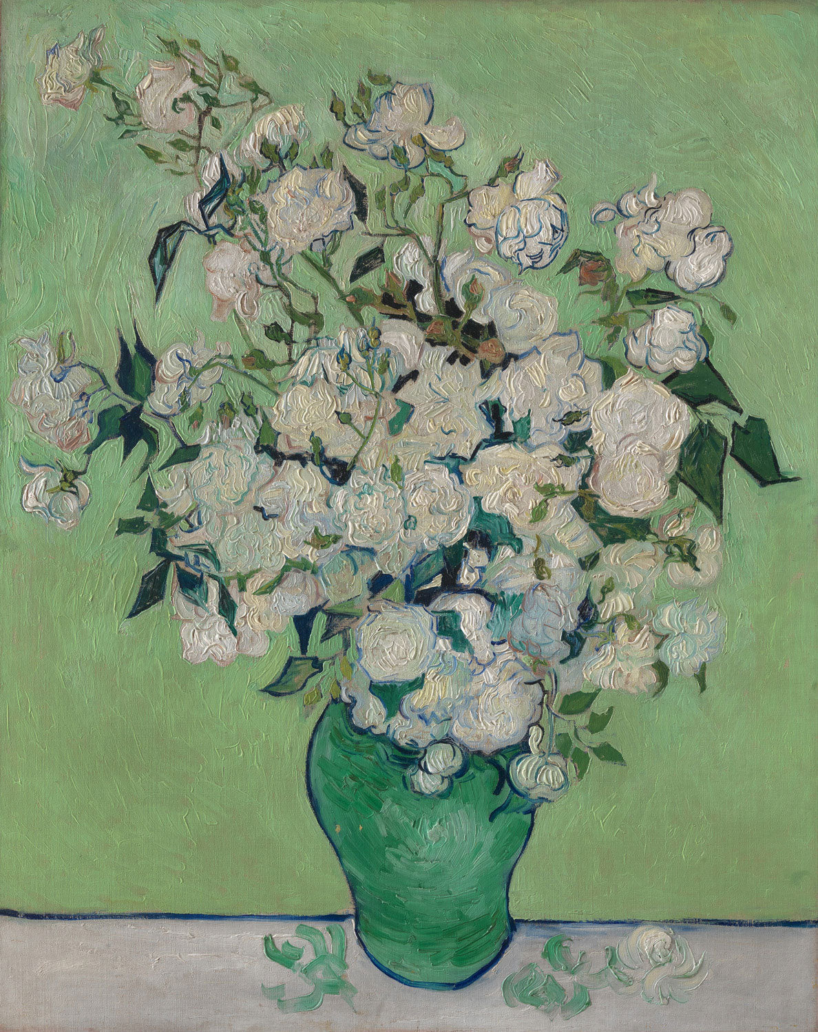 Lebendiger Strauß von Rosen in kräftigen Rottönen und sanften Pastellfarben, gemalt von Vincent van Gogh im Jahr 1890, im Postimpressionismus-Stil.
