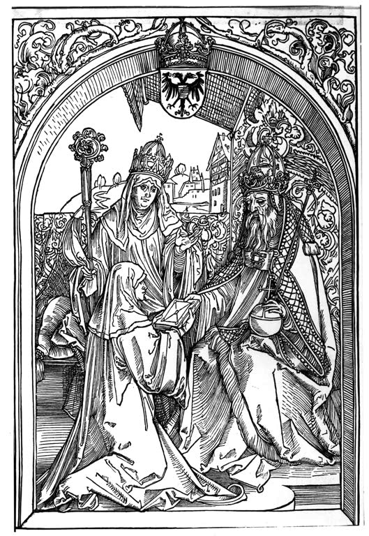 Kunstdruck „Roswitha überreicht ihre Werke“ von Albrecht Dürer mit historischer Übergabeszene