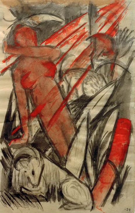 Kunstdruck des Gemäldes „Rote Hirtin mit Schafen“ von Franz Marc. Hochwertig in Deutschland von Hand gefertigt, erhältlich als Poster oder Leinwand und optional gerahmt.